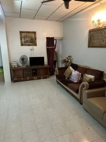 Living features: cream painted walls, white tiled flooring, 5-blade ceiling fan, wall-mounted TV, wooden TV console, 3-seater fabric sofa in brown, 2-seater leather sofa in beige, decorative wall art, framed artwork, curtains in red, decorative vase with flowers, area rug; style: traditional.