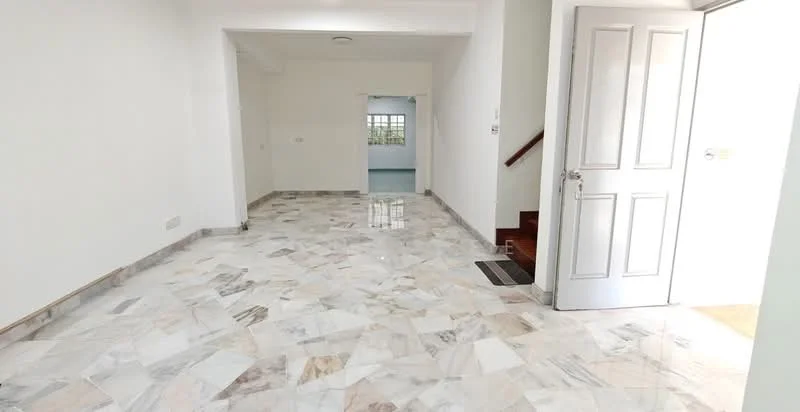Room features: marble flooring, white painted walls, staircase visible, double-door entrance, natural light from windows, open layout, no visible furniture, neutral color scheme; style: modern; view: garden.