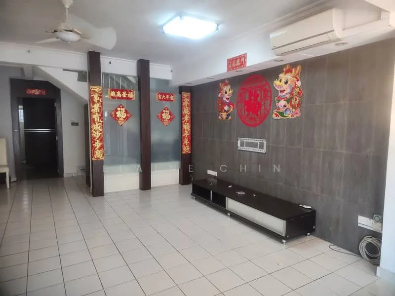 Living features: white tiled flooring, grey accent wall, wall-mounted air conditioning unit, 5-blade ceiling fan, recessed ceiling lights, TV console, decorative wall art, decorative red banners, open layout, large windows, neutral wall color; style: modern.