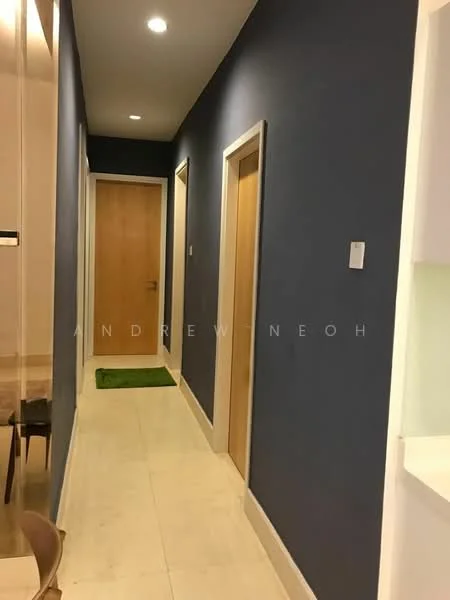 Hallway features: blue painted walls, marble tile flooring, recessed ceiling lights, wooden doors, white baseboards, green mat on floor; style: modern.