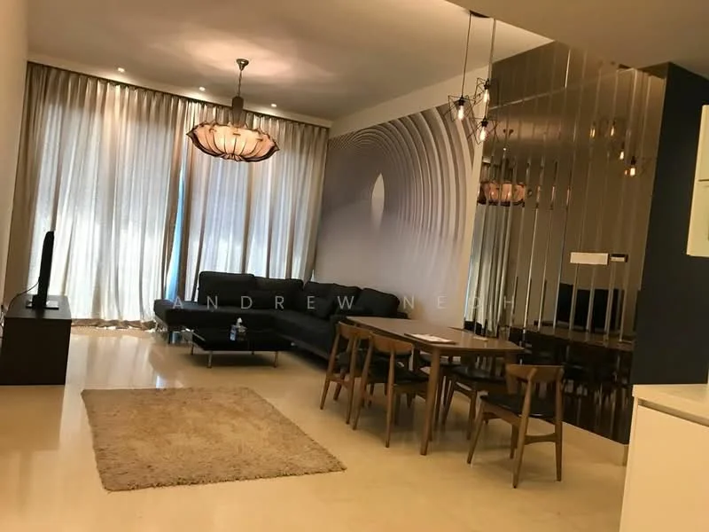 Living features: 3-seater fabric sofa in black, coffee table, TV console, wall-mounted TV, area rug with geometric pattern, chandelier with multiple bulbs, recessed downlights, floor-to-ceiling windows with sheer curtains, decorative wall with wavy pattern, dining table with 4 wooden chairs; style: modern.