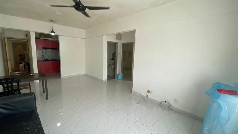 Living features: white painted walls, glossy white tile flooring, ceiling fan, open layout, large window, dining area, black dining table with chairs, visible kitchen area, light fixture, neutral decor; style: modern. Room features: white painted walls, glossy white tile flooring, doorway leading to kitchen, doorway leading to hallway, light fixture.