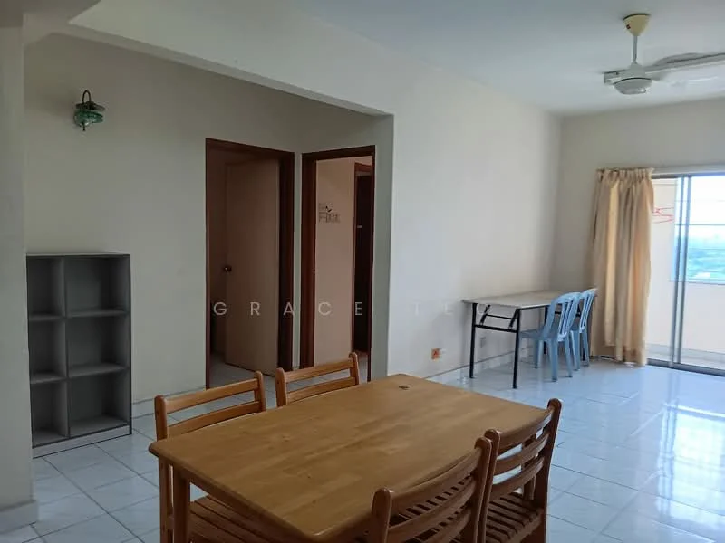 Dining features: dining table with 6 wooden chairs, white tiled flooring, cream painted walls, ceiling fan, large window with sheer curtains, open layout, built-in shelving unit, natural light from window; style: modern; view: city. Room features: doorway leading to hallway, doorway leading to another room, light fixture.