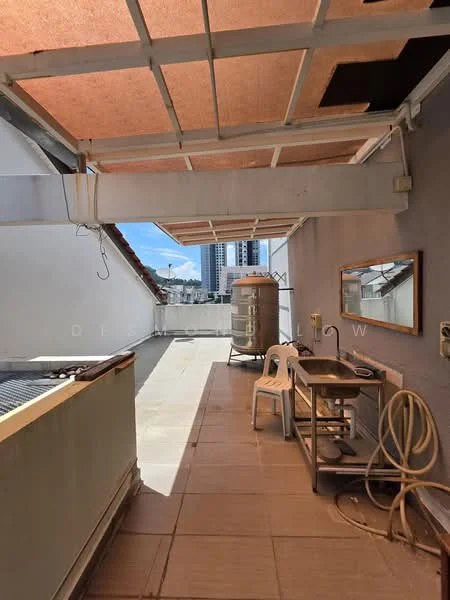 Room features: terrace, roof overhang, tile flooring, metal water tank, wooden table, plastic chair, outdoor hose, exposed wall, city skyline view; style: modern; view: city.