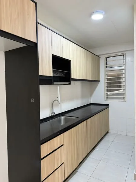 Kitchen features: laminate cabinetry in light wood finish, black countertop, single-bowl stainless-steel sink, chrome pull-down faucet, wall-mounted storage cabinet, white tiled walls, white tiled flooring, window with horizontal slats; style: modern.
