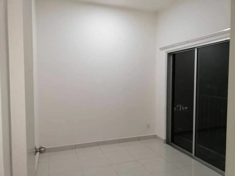 Room features: white painted walls, tile flooring, sliding glass door, floor-to-ceiling windows, neutral color scheme.