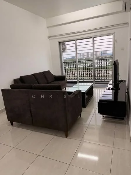 Living features: 3-seater fabric sofa in dark grey, glass coffee table, TV console in black, wall-mounted TV, floor-to-ceiling windows, white painted walls, glossy tile flooring, air conditioning unit; style: modern; view: city.