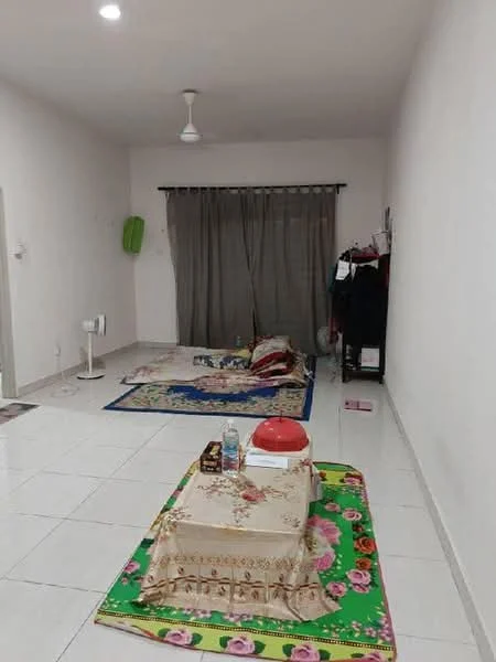 Living features: white painted walls, ceramic tile flooring, ceiling fan, curtains, decorative area rug, coffee table, floor fan, seating area with mats.