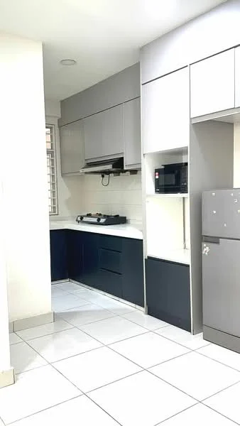 Kitchen features: grey upper cabinets, navy blue lower cabinets, white quartz countertop, built-in gas stove, stainless-steel range hood, microwave, stainless-steel fridge, white tiled backsplash, white tiled flooring, window with grille, sink, wall-mounted cabinets; style: modern.