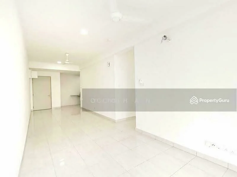 Room features: white painted walls, glossy ceramic tile flooring, ceiling lights, 2-blade ceiling fan, open layout, no visible furniture, neutral color scheme, large windows, doorway leading to another room; style: modern.