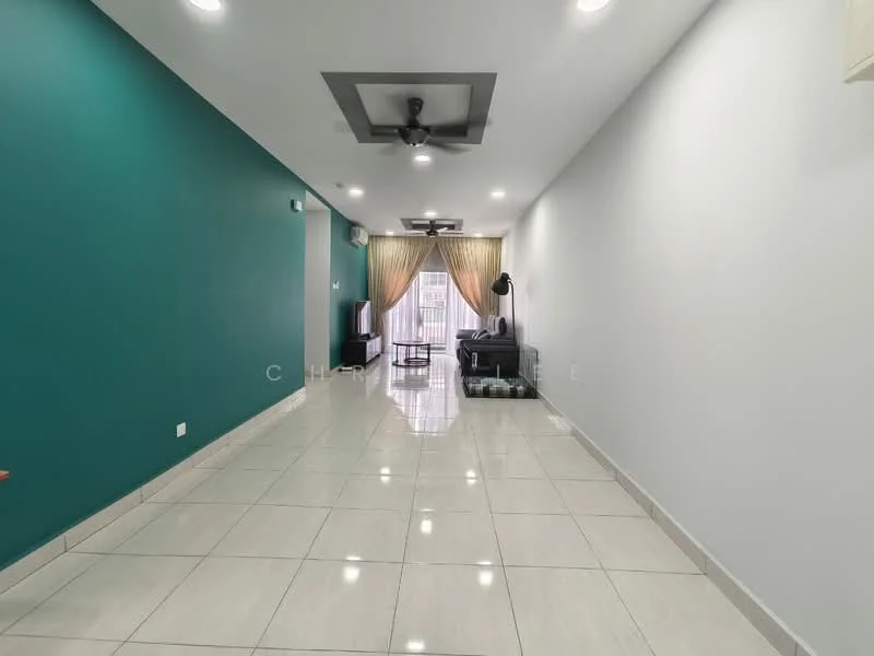 Living features: white painted walls, teal accent wall, glossy tile flooring, recessed downlights, 5-blade ceiling fan, large windows with sheer curtains, sofa, coffee table, TV console, wall-mounted TV; style: modern; view: city.