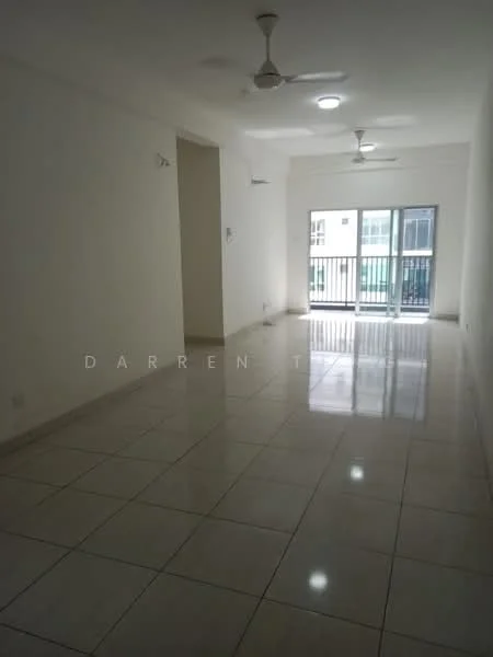 Living features: white painted walls, glossy ceramic tile flooring, 2 ceiling fans, recessed downlights, sliding glass door, balcony access, large windows, neutral color scheme; style: modern.