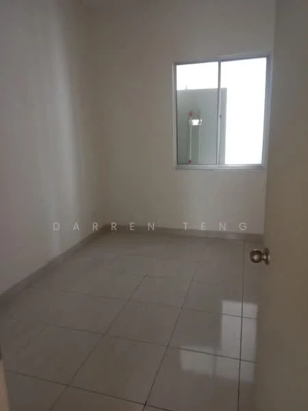 Room features: white painted walls, glossy ceramic tile flooring, single window with clear glass, door with round knob, neutral color scheme, no visible furniture or decor.
