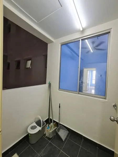 Laundry features: black tile flooring, white painted walls, window with clear glass, ceiling light fixture, ceiling fan, broom, dustpan, laundry basket, cleaning supplies.