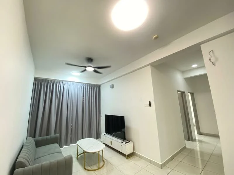 Living features: grey fabric sofa, round white coffee table, wall-mounted TV, white TV console, 5-blade ceiling fan with light, floor-to-ceiling curtains in grey, white tiled flooring, recessed ceiling lights; style: modern.