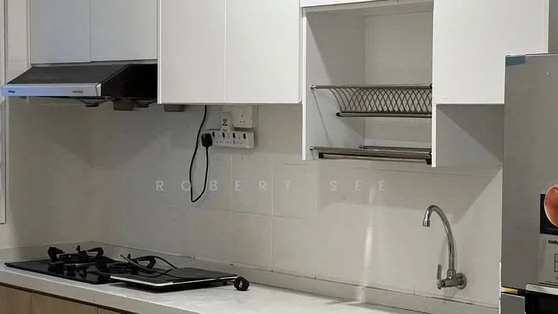 Kitchen features: white cabinetry, stainless-steel sink, chrome faucet, gas cooktop with two burners, exhaust hood, marble countertop, open shelving, white tiled backsplash; style: modern.