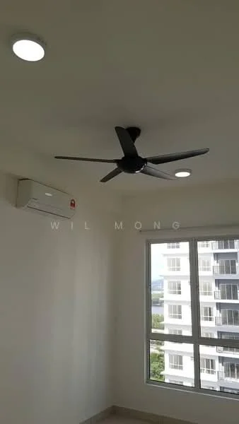 Room features: white painted walls, ceiling with recessed downlights, 5-blade ceiling fan in black, 1 wall-mounted split AC, floor-to-ceiling windows, tile flooring; style: modern; view: city.