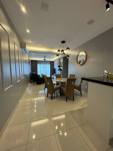 Dining features: white walls with decorative paneling, glossy beige tile flooring, recessed ceiling lights, modern pendant light fixture, round mirror on wall, 6-seater dining table, upholstered dining chairs in beige, air conditioning unit on wall, large window with sheer curtains, black countertop, open layout to living area; style: modern; view: city. Living features: black leather armchair, decorative wall art, TV console, floor-to-ceiling window, curtains, light-colored area rug; style: modern; view: city.