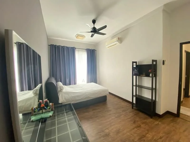 Bedroom features: queen-size bed, upholstered headboard, 2 bedside lamps, floor-to-ceiling windows, blackout curtains, 5-blade ceiling fan, wall-mounted split AC, wooden flooring, full-length mirror, open shelving unit, decorative items on shelf, dressing table, area rug; style: modern.