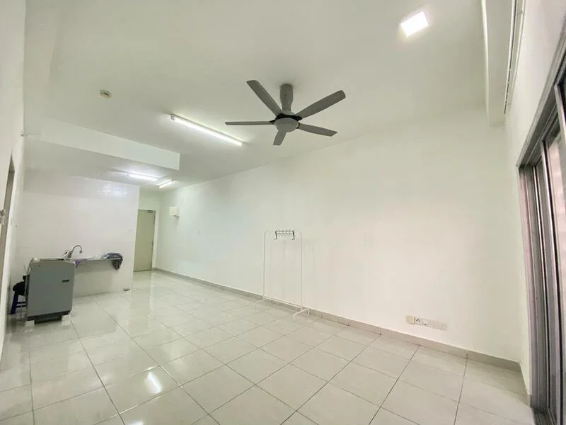Room features: white painted walls, glossy ceramic tile flooring, 5-blade ceiling fan, recessed LED downlights, single-basin stainless-steel sink, kitchen cabinet, sliding glass door, clothes rack; style: modern.