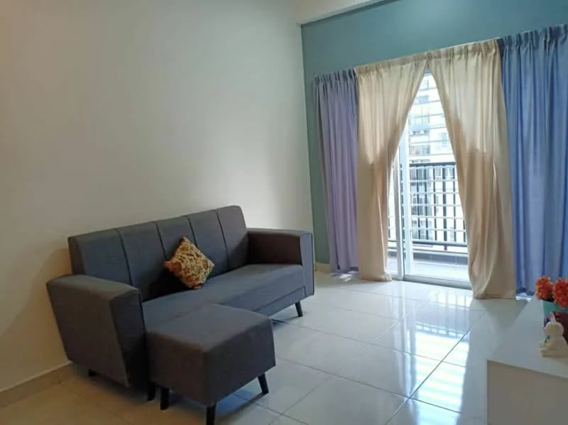 Living features: grey fabric sofa, ottoman, floor-to-ceiling sliding glass door, sheer curtains, blue accent wall, white painted walls, glossy tile flooring, decorative throw pillow, small decorative vase with flowers; style: modern; view: city.