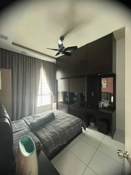 Bedroom features: queen-size bed with grey bedding, upholstered headboard, black built-in wardrobe with sliding doors, study desk with mirror, ceiling fan with 3 blades, window with horizontal blinds, white tiled flooring, decorative wall art, small bedside table, air purifier; style: modern.