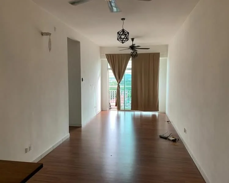 Living features: laminate flooring, white painted walls, ceiling fan with light, hanging pendant light, floor-to-ceiling windows, curtains, balcony door, view of greenery; style: modern; view: garden.