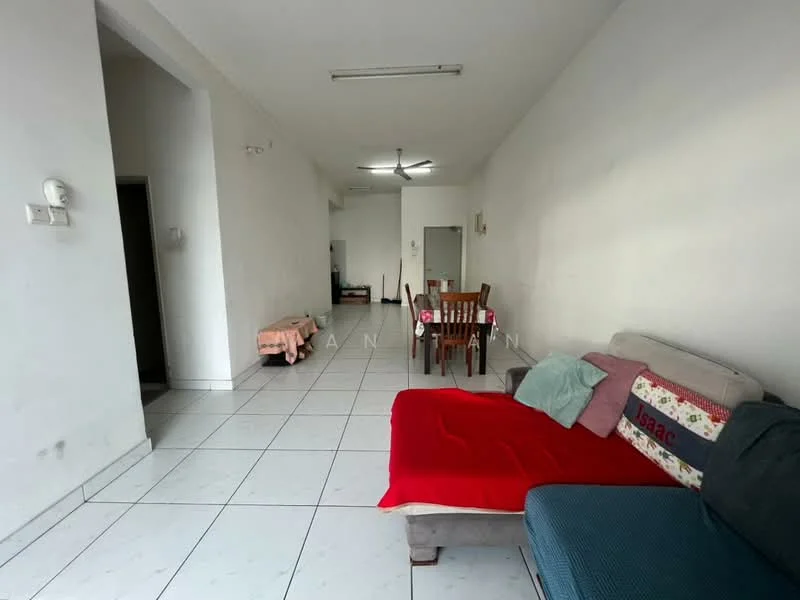 Living features: white painted walls, tile flooring, 5-blade ceiling fan, sofa with red throw, wooden dining table with chairs, decorative cushions, area rug, natural light from windows. Room features: white painted walls, tile flooring, 5-blade ceiling fan.