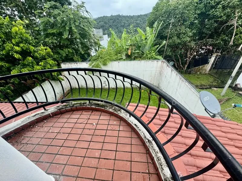 Room features: curved balcony railing, terracotta tile flooring, greenery view, surrounding trees, fenced yard, satellite dish, sloped garden, brick wall, concrete wall; view: garden.