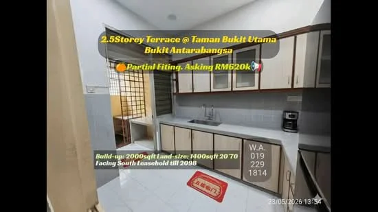 Kitchen features: L-shaped kitchen layout, white cabinetry, black countertop, stainless-steel sink, chrome pull-down faucet, built-in oven, freestanding range oven, microwave, ceramic tile flooring, white tiled backsplash, window for natural light, under-cabinet lighting; style: modern.