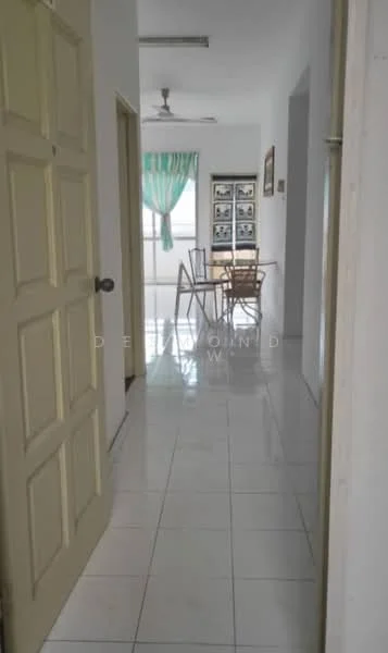 Room features: white painted walls, white tiled flooring, ceiling fan, green sheer curtains, dining table with chairs, framed artwork on wall, door leading to another room, natural light from window; style: modern.