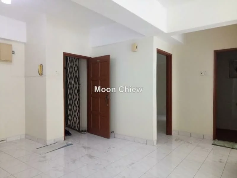 Room features: white painted walls, marble tile flooring, dropped ceiling, wooden door, security grille door, light switch, air conditioning unit, door frame, windows with no visible treatments.