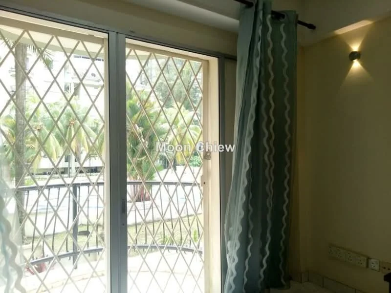 Room features: floor-to-ceiling sliding glass door, curtains in green fabric, decorative wall sconce, cream painted walls, tile flooring, view of outdoor greenery; view: garden.