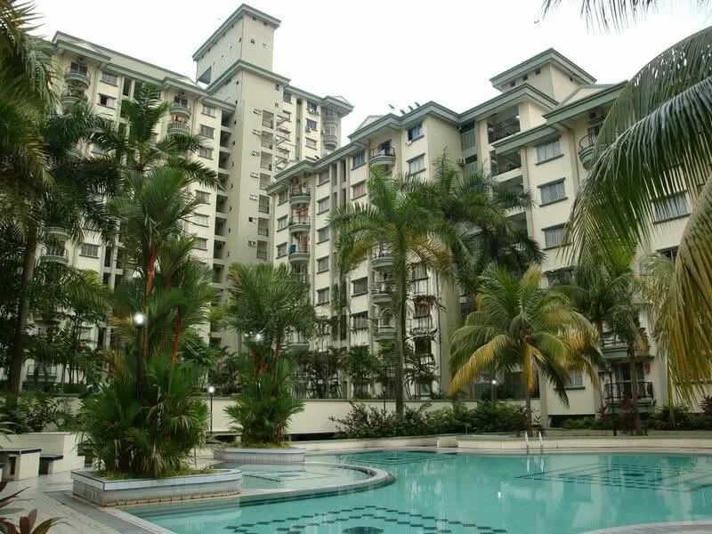 Exterior type: mid-rise condominium; features: swimming pool, landscaped garden with palm trees, manicured lawn, multiple storeys, balconies on upper floors, glass windows, outdoor lighting, surrounding greenery; style: modern.