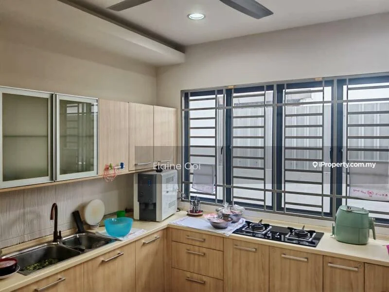 Kitchen features: single-bowl stainless-steel sink, chrome pull-down faucet, laminate countertop, wood cabinetry, built-in microwave, 4-burner gas hob, exhaust hood, wall-mounted split AC, recessed downlights, window with metal grille, light-colored walls, light-colored flooring, open shelving; style: modern.