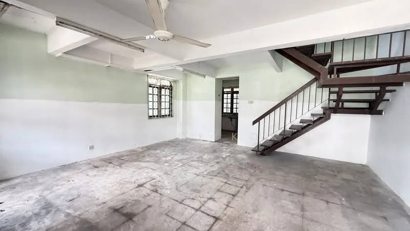 Room features: concrete flooring, white painted walls, green accent wall, exposed ceiling beams, ceiling fan, staircase, large windows, open layout; style: minimalist.