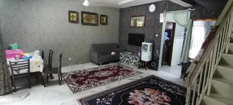 Living features: grey fabric sofa, coffee table, wall-mounted TV, decorative area rug with floral pattern, marble flooring, dark patterned wallpaper, ceiling fan, framed artwork on walls, curtains, open staircase; style: modern.