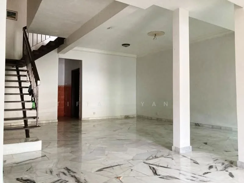 Living features: marble flooring, white painted walls, ceiling light fixture, open layout, staircase with wooden railing, large windows, neutral color scheme, no visible furniture; style: modern.
