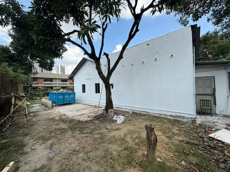 Exterior type: detached bungalow; features: white painted facade, flat roof, single-storey, manicured lawn, mature trees, concrete pathway, construction materials visible, surrounded by greenery; style: modern.
