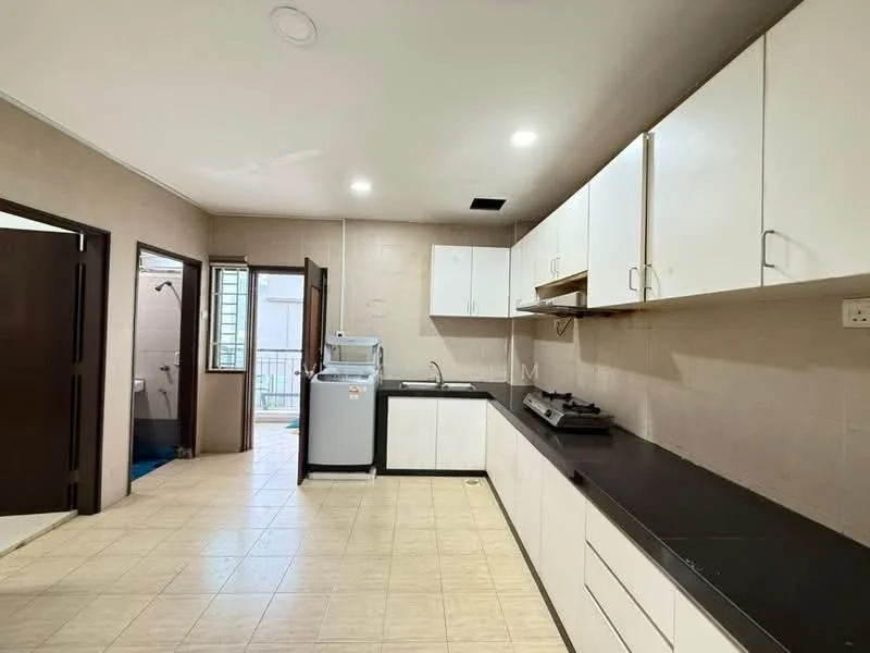 Kitchen features: white cabinetry, black countertop, stainless-steel sink, chrome pull-down faucet, built-in gas hob, freestanding washing machine, tile flooring, light-colored walls, window for natural light, open layout to adjacent area; style: modern.