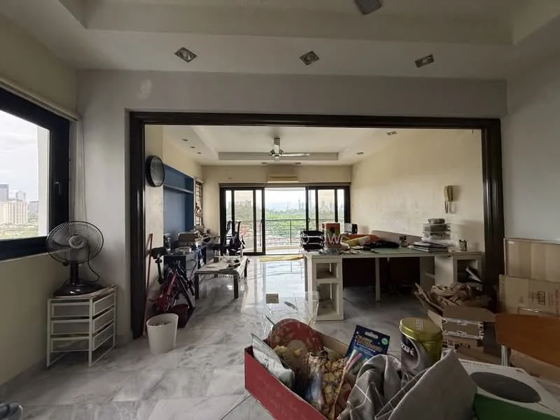 Living features: marble tile flooring, white painted walls, ceiling fan, floor-to-ceiling windows, sliding glass door, wooden furniture, office desk, plastic storage bins, decorative items, open layout, city view; style: modern; view: city.