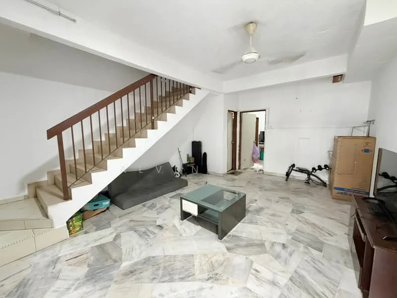 Living features: marble flooring, white painted walls, 5-blade ceiling fan, staircase with wooden railing, large glass coffee table, TV console, exercise equipment, open layout; style: modern.