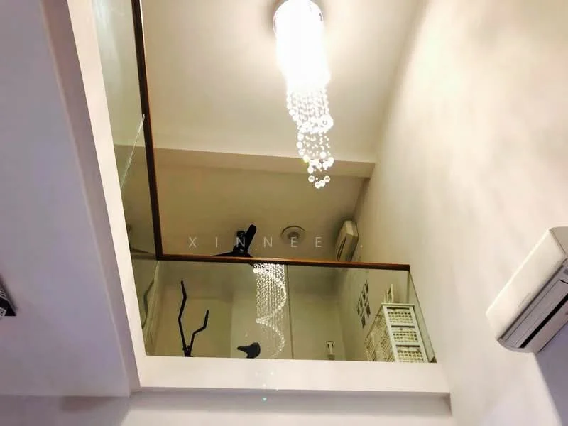 Room features: glass railing, chandelier with hanging crystals, white painted walls, ceiling-mounted air conditioning unit, recessed ceiling lights; style: modern.