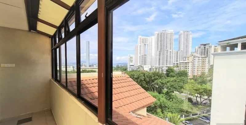 Room features: floor-to-ceiling windows, terracotta tile flooring, white painted walls, exposed ceiling beams, view of city skyline, view of greenery; style: modern; view: city.