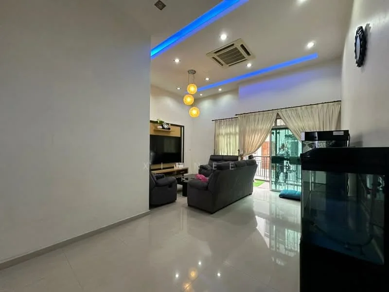 Living features: grey fabric sofa, 2-seater sofa, coffee table, TV console, wall-mounted TV, floor-to-ceiling windows, sheer curtains, recessed LED downlights, pendant lighting, white painted walls, glossy tile flooring, air conditioning unit; style: modern; view: garden.