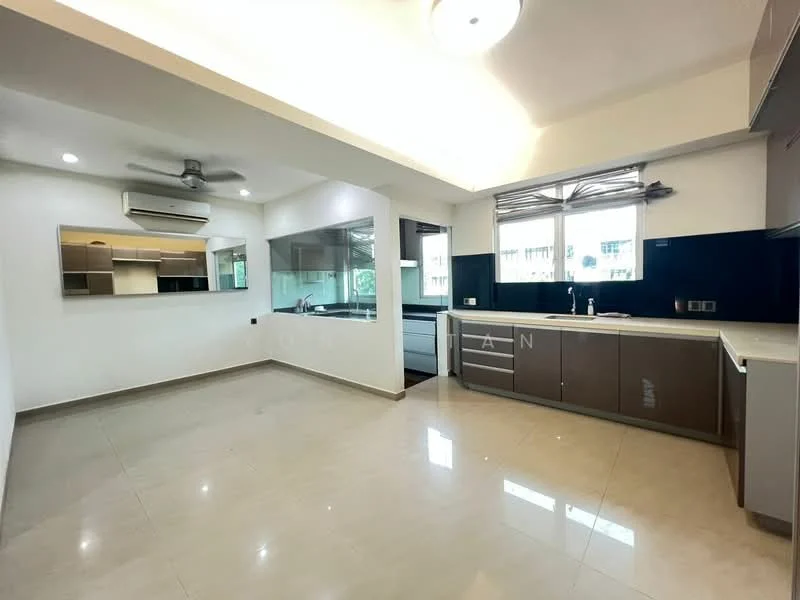 Kitchen features: white painted walls, cream tiled flooring, recessed downlights, 5-blade ceiling fan, stainless-steel sink, chrome pull-down faucet, grey flat-panel cabinets, black countertop, built-in oven, freestanding range oven, window with view to outside, mirror backsplash, open layout to living area; style: modern.