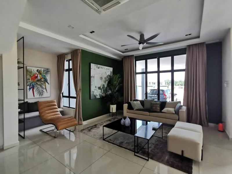 Living features: large floor-to-ceiling windows, green accent wall, white painted walls, recessed ceiling with downlights, 5-blade ceiling fan, cream-colored sofa, brown leather lounge chair, black coffee table, white ottoman, decorative wall art, houseplants in ceramic pots, curtains, polished tile flooring; style: modern; view: garden.