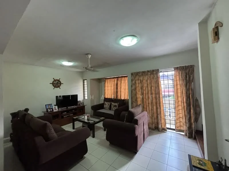 Living features: 2 brown fabric sofas, coffee table, TV console, wall-mounted TV, ceiling fan, recessed ceiling lights, white painted walls, tiled flooring, curtains, windows with security bars; style: modern.