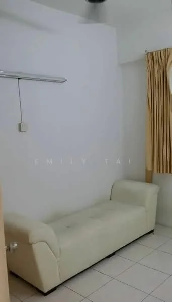 Room features: white painted walls, cream sofa, tile flooring, curtains, ceiling fan, light fixture, window, baseboard.