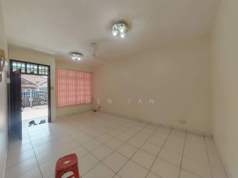 Living features: white painted walls, tile flooring, ceiling fan, recessed downlights, large window with sheer curtains, main entrance door, sliding door, empty space, one red plastic chair.